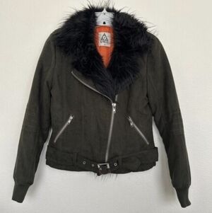 UNIF Berlin Fur Trim Amelia Bomber Jacket Suede Green Zip Orange Lined XS